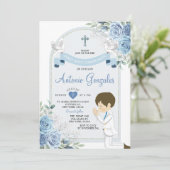 ほこりっぽい青い花の男の子最初の神聖な聖餐式 招待状 (スタンド正面)