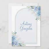 ほこりっぽい青い花の男の子最初の神聖な聖餐式 招待状 (裏面)