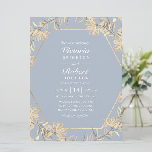 ほこりっぽい青い花の金ゴールド枠結婚式招待状 招待状 (スタンド正面)