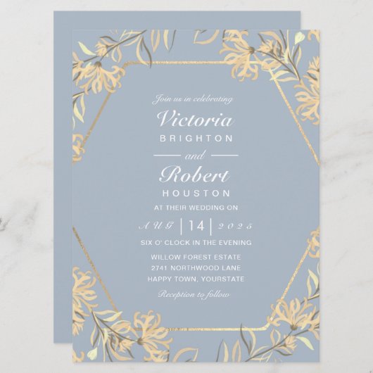 ほこりっぽい青い花の金ゴールド枠結婚式招待状 招待状 (正面/裏面)