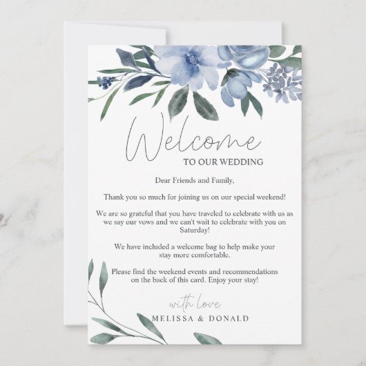 ほこりっぽい青い花ウェルカムレター&旅程 ノートカード (正面)