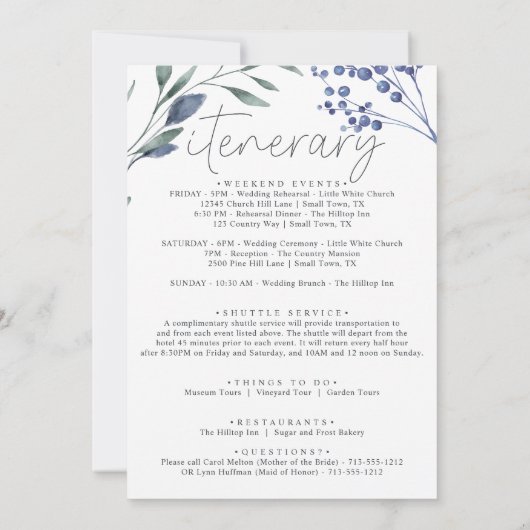 ほこりっぽい青い花ウェルカムレター&旅程 ノートカード (裏面)