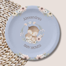 ほこりっぽい青い花ウッドランドフクロウ赤ちゃん女の子シャワー ペーパープレート