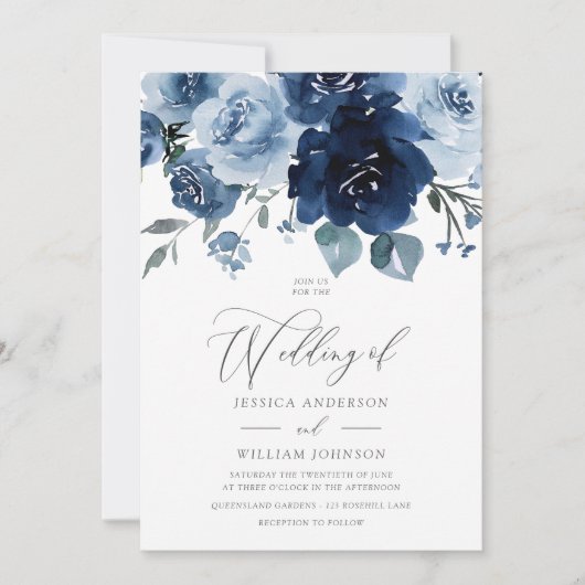 ほこりっぽい青い花エレガントな結婚式 招待状 (正面)