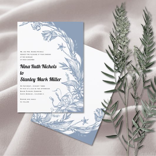ほこりっぽい青い花タイポグラフィ結婚フローラ 招待状