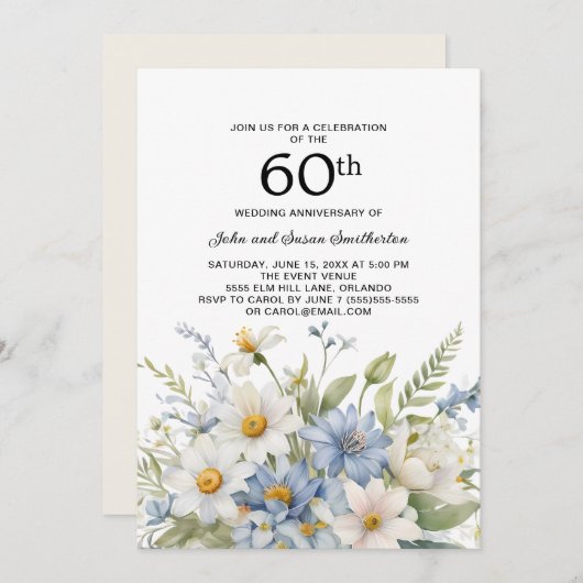 ほこりっぽい青い花ホワイトデイジー60周年 招待状 (正面/裏面)