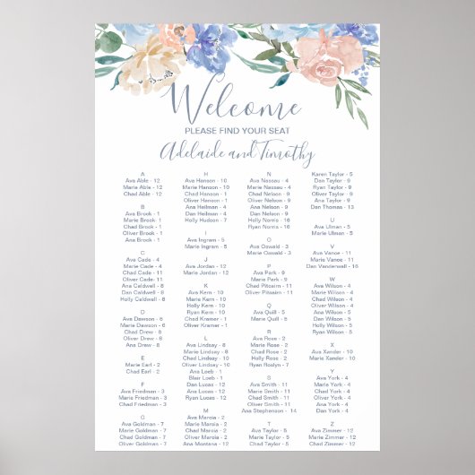 ほこりっぽい青い花模様アルファベットの座席表 ポスター (正面)