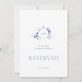 ほこりっぽい青い花模様付き予約済み記号 招待状 (正面)