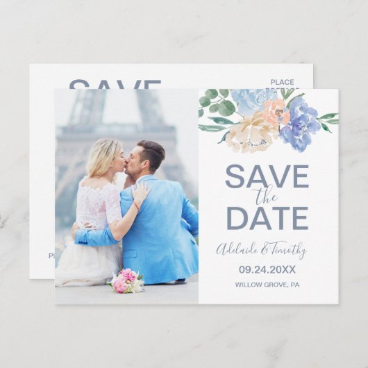 ほこりっぽい青い花模様写真日付はがきを保存 案内ポストカード (正面/裏面)