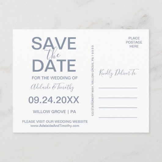 ほこりっぽい青い花模様写真日付はがきを保存 案内ポストカード (裏面)