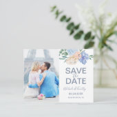 ほこりっぽい青い花模様写真日付はがきを保存 案内ポストカード (スタンド正面)