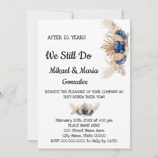 ほこりっぽい青い花結婚の記念日の更新 招待状 (正面)