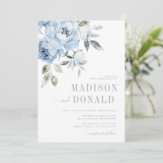 ほこりっぽい青い花結婚式招待状 招待状 (スタンド正面)