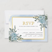 ほこりっぽい青い花金ゴールドフレーム結婚フローラ 出欠カード (正面)