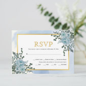 ほこりっぽい青い花金ゴールドフレーム結婚フローラ 出欠カード (スタンド正面)