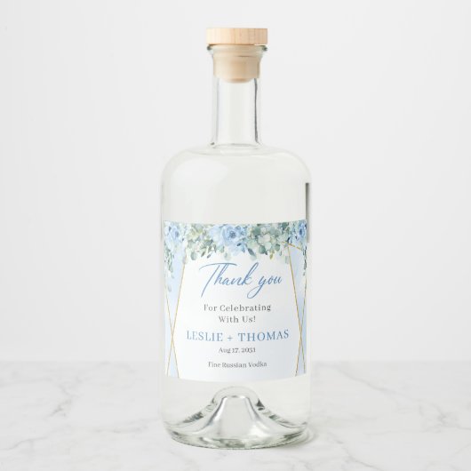 ほこりっぽい青い花金ゴールド幾何学的ユーカリ リキュールボトルラベル (正面)