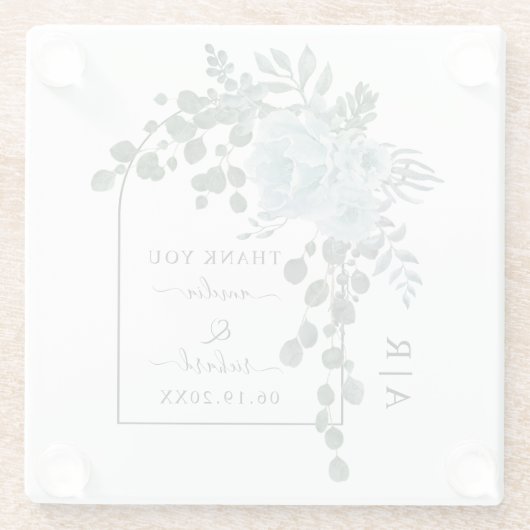 ほこりっぽい青い花、アーチとモノグラム結婚ズ ガラスコースター (裏面)