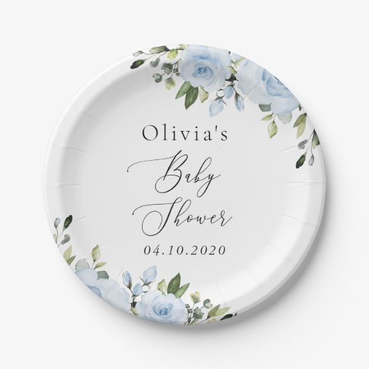 ほこりっぽい青い花、緑、ぼほ、赤ちゃんシャワー ペーパープレート (正面)