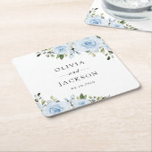 ほこりっぽい青い花、緑、ボホ、フローラ結婚ズ スクエアペーパーコースター (アングル)