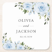 ほこりっぽい青い花、緑、ボホ、フローラ結婚ズ スクエアペーパーコースター (正面)