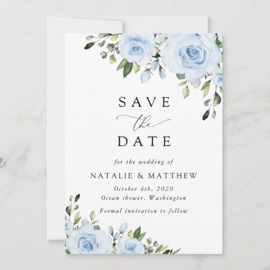 ほこりっぽい青い花、緑、ボホ、フローラ結婚ズ セーブザデート (正面)