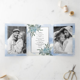 ほこりっぽい青い花、葉フローラ冬の結婚式 三つ折り招待状