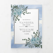 ほこりっぽい青い花、葉フローラ冬の結婚式 三つ折り招待状 (カバー)