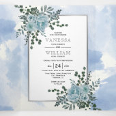 ほこりっぽい青い花、葉フローラ冬の結婚式 三つ折り招待状 (内部中)