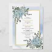 ほこりっぽい青い花、葉フローラ冬の結婚式 招待状 (正面)