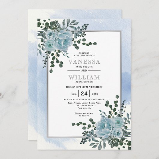 ほこりっぽい青い花、葉フローラ冬の結婚式 招待状 (正面/裏面)