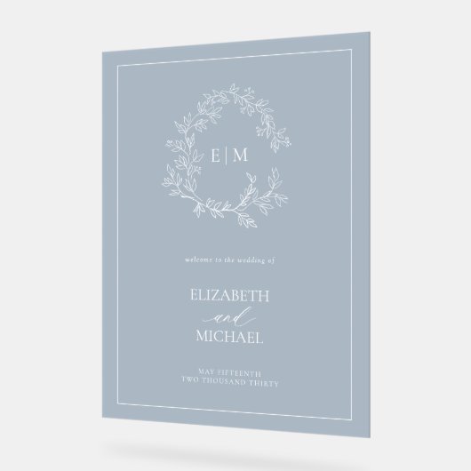 ほこりっぽい青い葉のクレストモノグラムウェルカム結婚ズ アクリルサイン (傾斜)