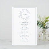 ほこりっぽい青い葉のクレストモノグラム結婚のメニュー (スタンド正面)