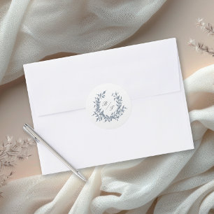 ほこりっぽい青い葉のクレストモノグラム結婚のロゴ ラウンドシール