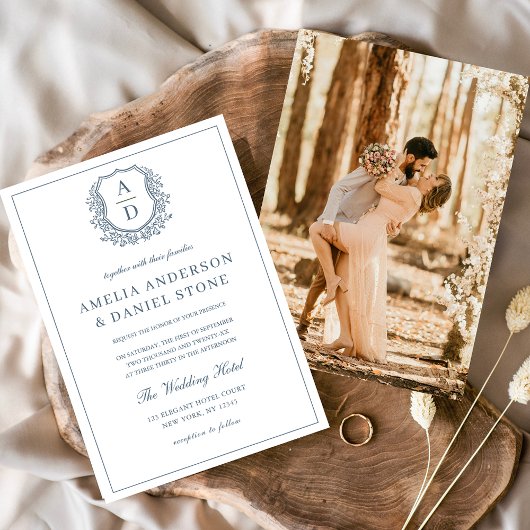 ほこりっぽい青い葉のクレストモノグラム結婚ズエレガント 招待状