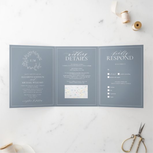 ほこりっぽい青い葉のクレストモノグラム結婚ズ 三つ折り招待状 (内部)