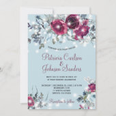 ほこりっぽい青い赤いブルゴーニュのフローラ冬の結婚式 招待状 (正面)