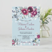 ほこりっぽい青い赤いブルゴーニュのフローラ冬の結婚式 招待状 (スタンド正面)