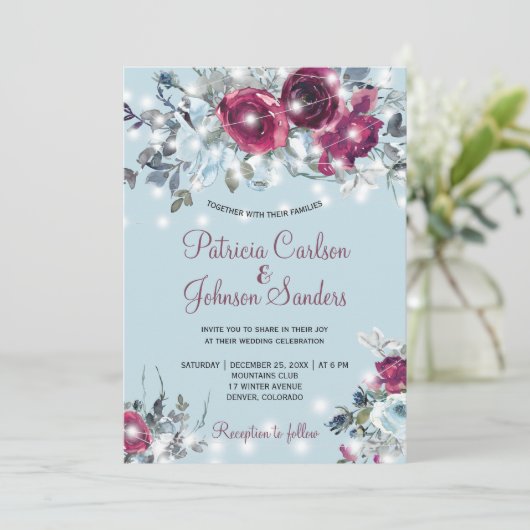 ほこりっぽい青い赤いブルゴーニュのフローラ冬の結婚式 招待状 (スタンド正面)
