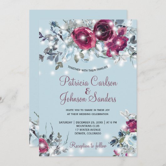 ほこりっぽい青い赤いブルゴーニュのフローラ冬の結婚式 招待状 (正面/裏面)