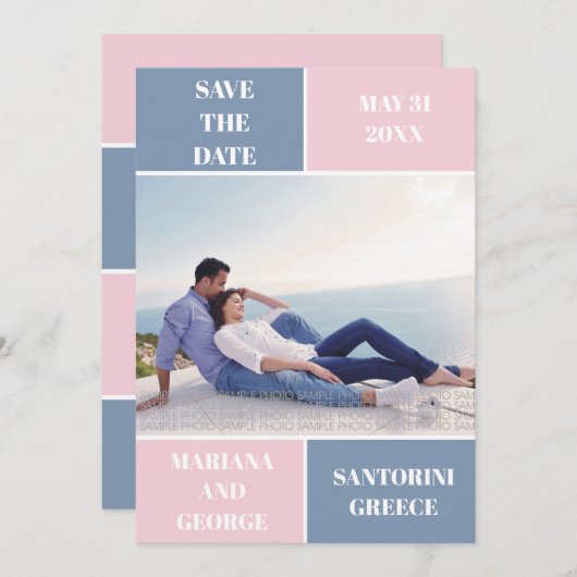 ほこりっぽい青い赤面の色のブロック結婚式の日付を保存 セーブザデート (正面/裏面)