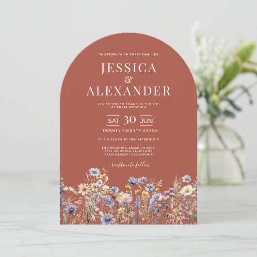 ほこりっぽい青い野エレガント花のアーチ結婚錆 招待状 (スタンド正面)