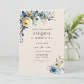 ほこりっぽい青い野エレガント花ベージュ結婚ズ 招待状 (スタンド正面)