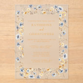 ほこりっぽい青い野エレガント花結婚金ゴールド アクリル招待状 (正面)