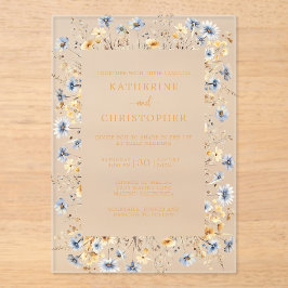 ほこりっぽい青い野エレガント花結婚金ゴールド アクリル招待状