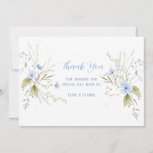 ほこりっぽい青い野結婚花のサンキューカード 招待状 (正面)