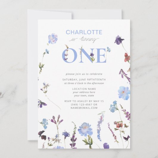 ほこりっぽい青い野花が1歳の誕生日を飾る 招待状 (正面)