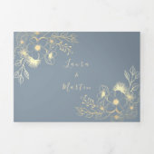 ほこりっぽい青い金ゴールドフローラ結婚写真 三つ折り招待状 (カバー)