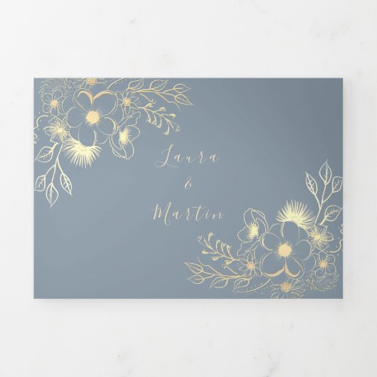 ほこりっぽい青い金ゴールドフローラ結婚写真 三つ折り招待状 (カバー)