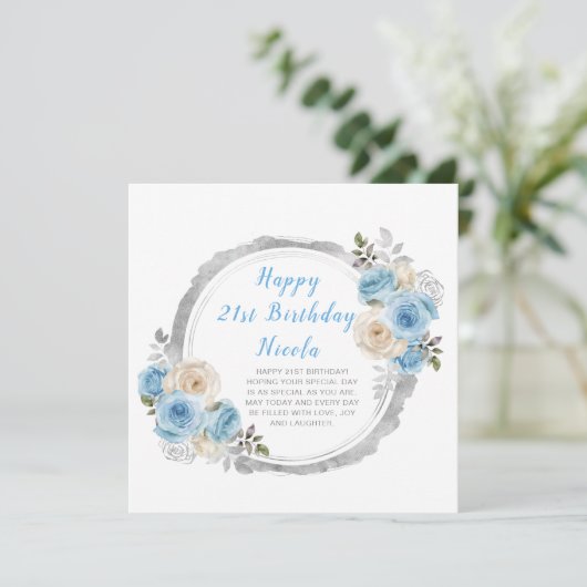 ほこりっぽい青い銀エレガントの花誕生会 カード (スタンド正面)
