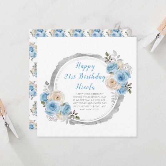 ほこりっぽい青い銀エレガントの花誕生会 カード (正面/裏面インサイチュ)